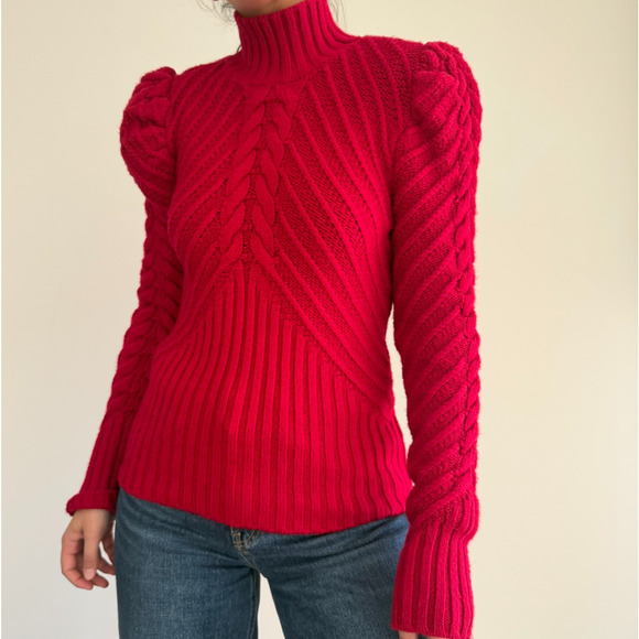 White House Black Market Sweater Medium Red Cable Knit Puff Sleeve Turtleneck - Picture 1 of 14